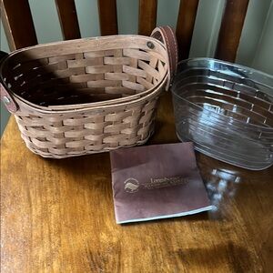 Longaberger Brown Woven Accent Basket with Leather Handles and plastic insert